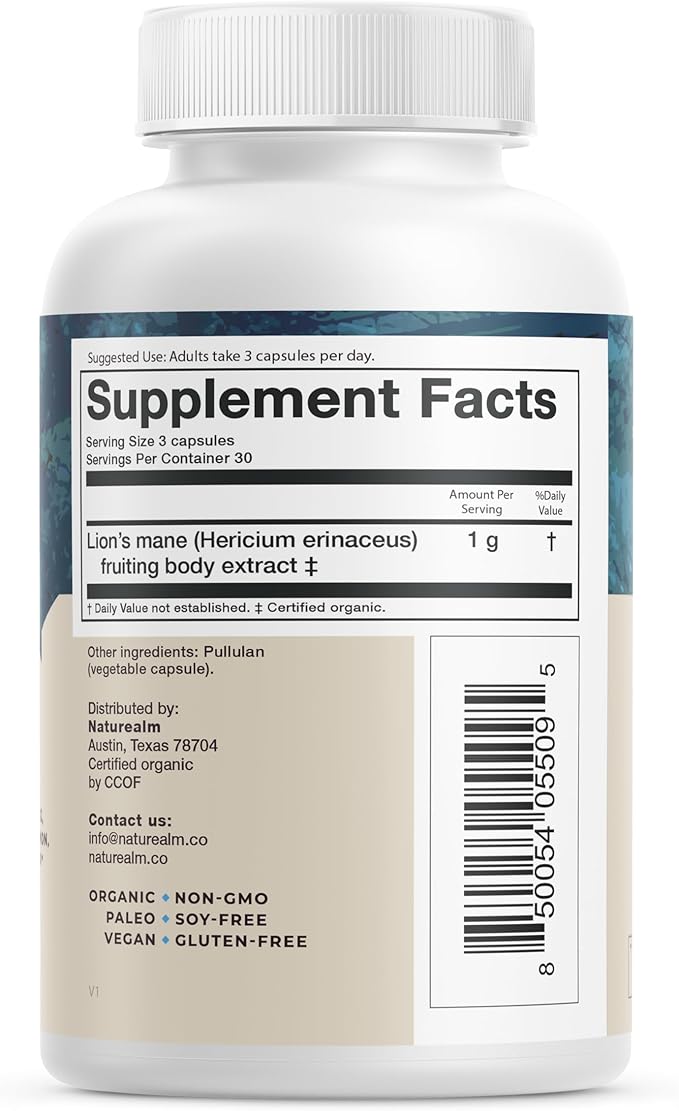 Naturealm Lions Mane Mushroom Supplement Capsules | 30-Day Supply | Organic Brain &amp Immune Support | 100% Fruiting Body Extract No Mycelium | Focus Memory &amp Mental Clarity