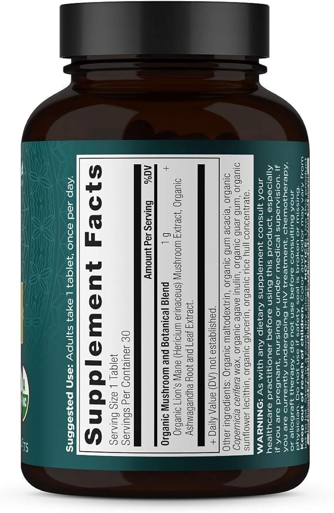 Organic Lion's Mane Mushroom Supplement with Ashwagandha by Ancient Nutrition Organic Lion's Mane Supports Healthy Energy and Concentration Reduces Fatigue Gluten Free and Keto Friendly 30 Tablets