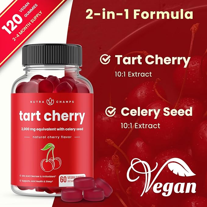 NutraChamps Tart Cherry Gummies - 3000mg Tart Cherry Extract with Celery Seed - Uric Acid Cleanse Supplement - Antioxidant Joint Comfort Flexibility Immune Health Sleep - 60 Vegan Gummies (2-Pack)