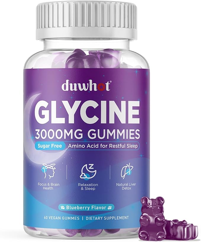 Glycine Gummies 3g(3000 mg) Glycine Supplements for Sleep Detox Relax Nerve Support Blueberry Flavor Sugar-Free Vegan Non-GMO Gluten-Free 60 Ct.