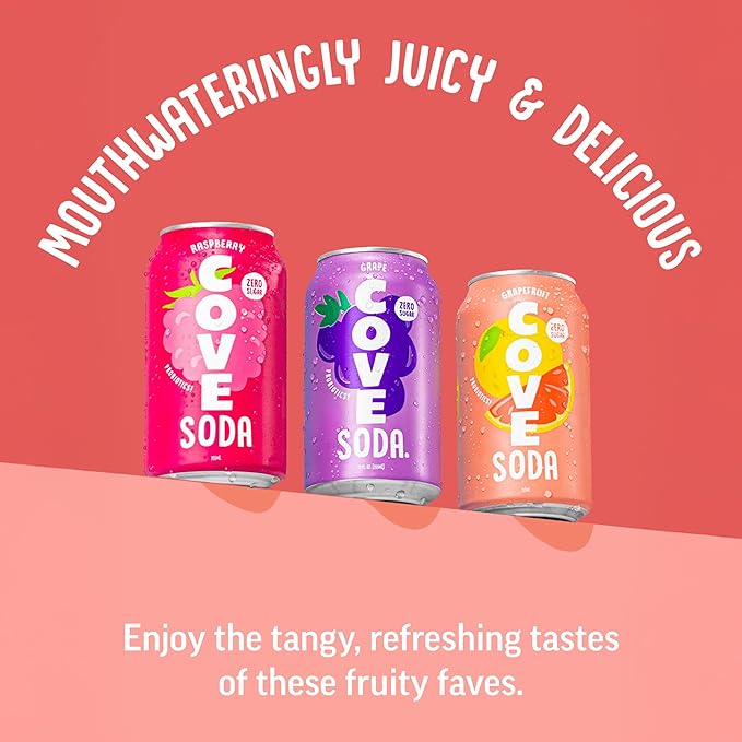 Cove Probiotic Soda Soft Drinks with Zero Sugar – Refreshing Functional Soda Alternative with Probiotics &amp Vitamin C – Naturally Flavored Caffeine-Free Sparkling Beverage - Fruity Variety 12 Pack