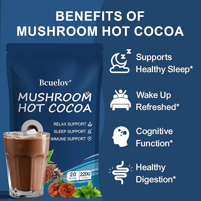 Mushroom Hot Cocoa Cocoa Powder with Reishi Mushroom Melatonin Glycine Cacao L-Theanine Chicory to Help Fall Asleep and Stay Asleep 20 Servings