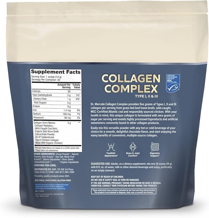 Dr. Mercola Collagen Complex Powder - Supports Skin Elasticity &amp Tissue Health - Multi-Source Collagen Types I II &amp III - Non-GMO Gluten-Free &amp Soy-Free- 10.89 oz (30 Servings) - Chocola