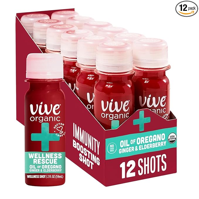 Vive Organic Immune Support Shot Cold-Pressed Ginger Elderberry &amp Oil of Oregano Gluten Free Vegan Wellness Rescue Oil of Oregano 2 Fl Oz (Pack of 12)