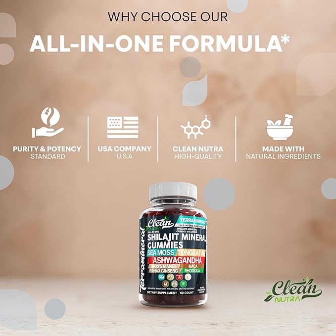 Terramineral Shilajit Gummies with Irish Sea Moss Tongkat Ali Ashwagandha Lion's Mane MACA Panax Ginseng Rhodiola &amp Cordyceps by Clean Nutra (1)