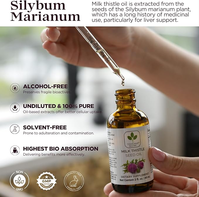 Milk Thistle Seed Oil Extract 2 fl oz - CO2 Liquid Milk Thistle Extract - Rich in Silymarin VIT E Zinc Omegas Tocopherols - Sweet and Pleasant Taste