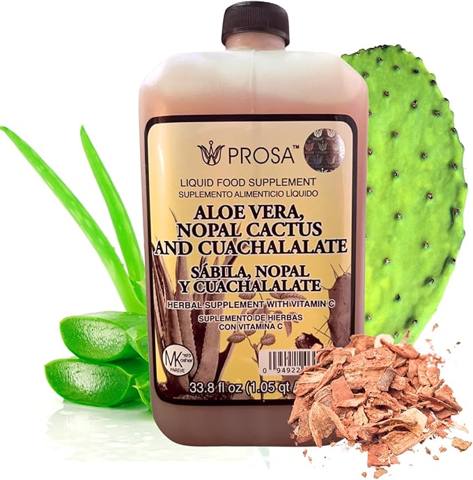 YERBERO - PROSA Aloe Vera Nopal Cactus and Cuachalalate Herbal Supplement – 33.8 fl oz (1.05 qt / 1L) – with Vitamin C for Digestive &amp Immune Support