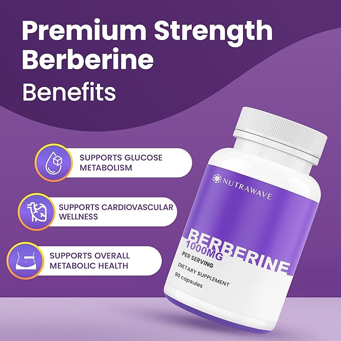 Nutrawave Pure Berberine Maximum Potency - 1000mg Per Serving - 2 Capsules 500mg Each - Supports Blood Sugar Levels Healthy Lipid (Fat) and Glucose Metabolism - Non-GMO Vegan - 2 Pack