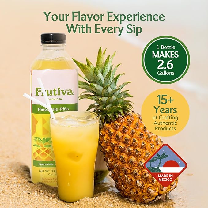 Frutiva Authentic Pineapple Drink Mix | Made in Mexico with Cane Sugar | Piña Aguas Frescas Concentrate Makes 2.6 Gallons Per Bottle | No High Fructose Corn Syrup | Perfect for Drinks Desserts &amp