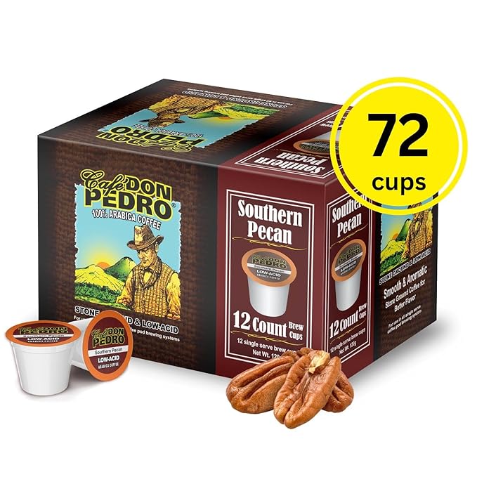 Cafe Don Pedro Southern Pecan Low Acid Coffee Pods - Compatible with Keurig K-cup Coffee Maker 100% Arabica Battles Heartburn Acidic Reflux 72 count