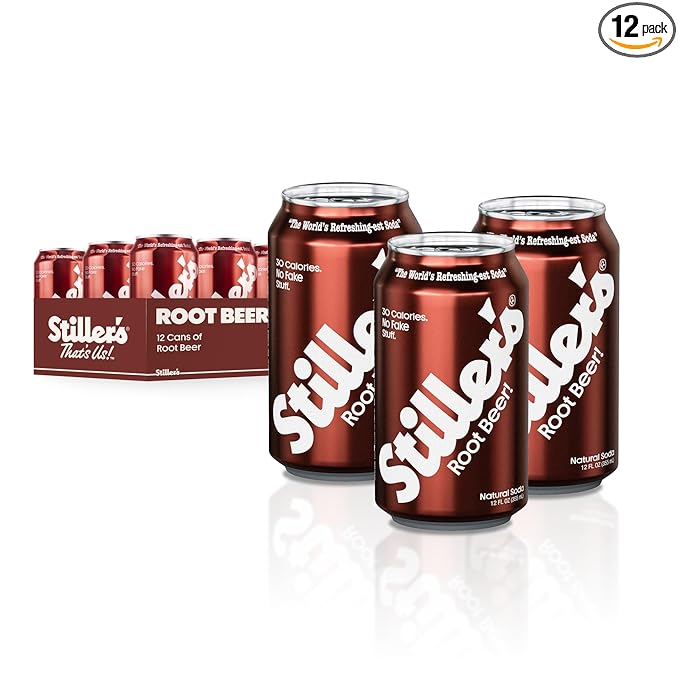 Stiller’s Root Beer Soda – 12 Pack Cans – Sparkling Root Beer Drink – Low Sugar Caffeine-Free Natural Soda Pop with Real Cane Sugar Stevia &amp Vitamins – Alternative to Diet Soda