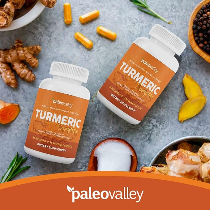Paleovalley - Organic Turmeric Complex - Full Spectrum Organic Turmeric with Health-Supportive Superfoods - 56 Vegetarian Capsules - Support Joints Immunity Brain and Heart Health