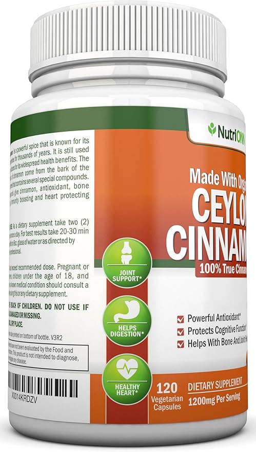 Organic Ceylon Cinnamon 1200 mg | 120 Vegan Capsules | True Cinnamomum verum from Sri Lanka | Non-GMO Third-Party Lab Tested Low Coumarin GMP Certified