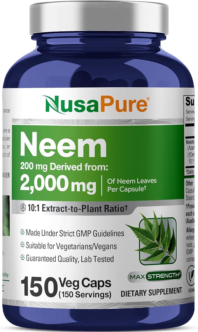 NusaPure Neem Leaf Root 10:1 Extract 200 mg Equivalent to 2000 mg 150 Veggie Capsules|Herbal Supplement|Non-GMO Vegan