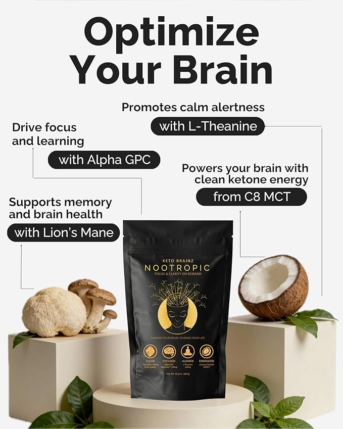 Keto Brainz C8MCT Based Nootropic - with 500mg Lion's Mane Mushroom AlphaGPC &amp L-Theanine This is The Ultimate Easy to use nootropic Stack &amp Makes Delicious Mushroom Coffee! 16oz. 30 Servings