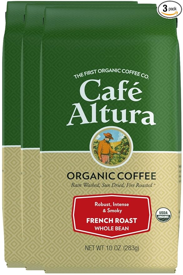 Café Altura French Roast Organic Whole Bean Coffee 10 oz Bag (Pack of 3)
