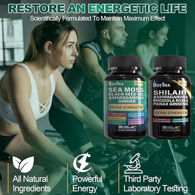 Boysea.Shilajit and Sea Moss Bundle- 90 Count - Sea Moss Black Seed Oil Ashwagandha Ginger &amp Shilajit Rhodiola Rosea All in 1 Supplements (1 Pc)