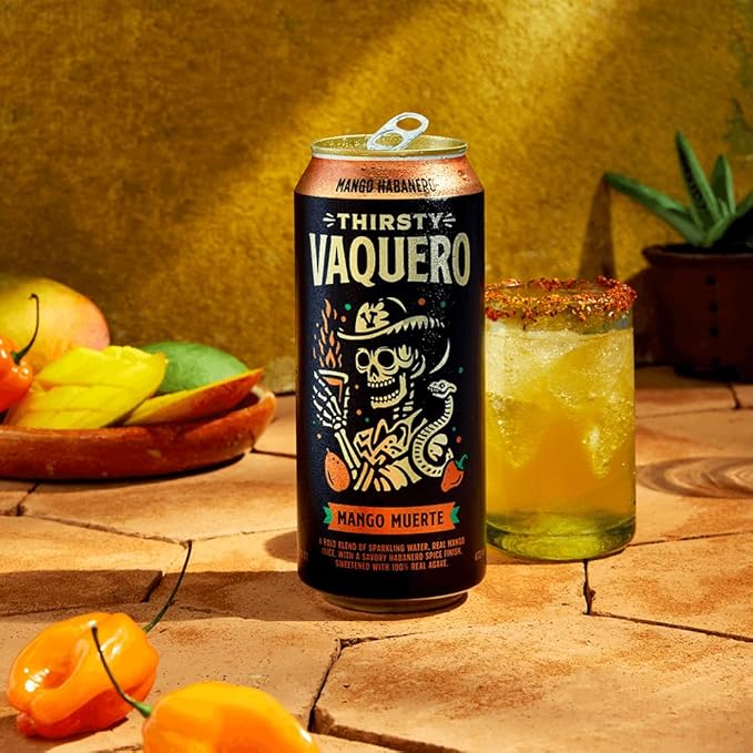 Thirsty Vaquero Mango Habanero Flavored soda (Mango Muerte) Mexican-inspired soda Real Fruit Juice &amp Savory Spices Made with Organic Agave Low Calorie Natural Juice 16 oz Cans 12-Pack