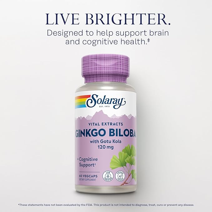 SOLARAY Ginkgo Biloba Extract with Gotu Kola - Ginko Biloba Capsules for Brain Health Support - Vegan Lab Verified 60-Day Guarantee - 60 Servings 60 VegCaps (60 VegCaps)