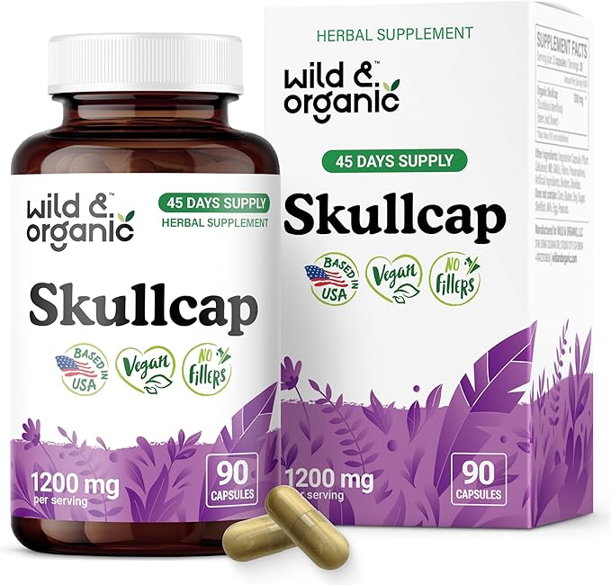 Wild &amp Organic Skullcap Capsules 1200 mg - Calming Skullcap Herb Supplement - 90 Capsules - Scutellaria Lateriflora Leaf Extract - 45 Days of Supply - Vegan No Fillers Non-GMO