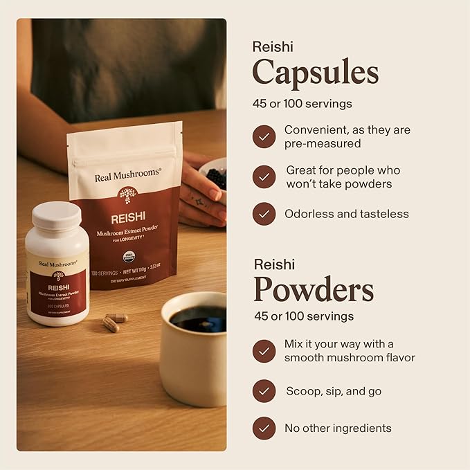 Real Mushrooms Reishi Mushroom Powder - Handpicked Organic Mushroom Extracts - Red Reishi for Tranquil Daily Wellness with Verified Beta Glucans Vegan Non-GMO No Grain Fillers 45 Servings