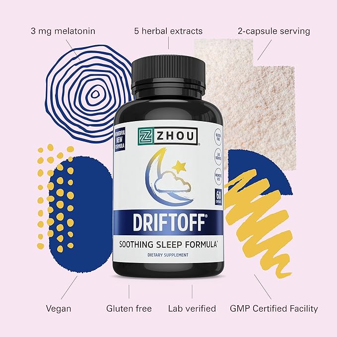 Zhou Driftoff - Nature Inspired Sleep Aid Valerian Root &amp Melatonin for Sleep for Men &amp Women Calm Sleeping Supplement for Adults with Gaba &amp Chamomile to Relax - 60 Veggie Capsules