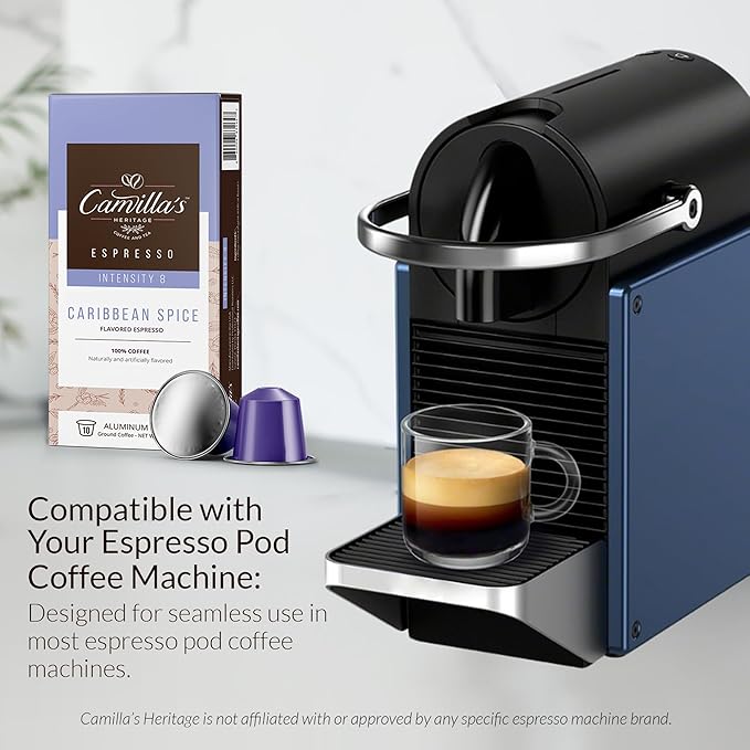 Camilla’s Heritage - Intensity 8 Caribbean Spice Flavored Espresso Coffee Gourmet Espresso Cups 60 Coffee Pods