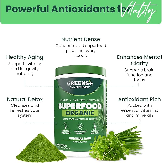 Greens+ Organic RAW Superfood Powder Super Blend Immune Support Morning Kick Energy Boost Nutrition Vibrant Health Dietary Supplement Vegan Soy/Dairy/Gluten Free(8.46oz)