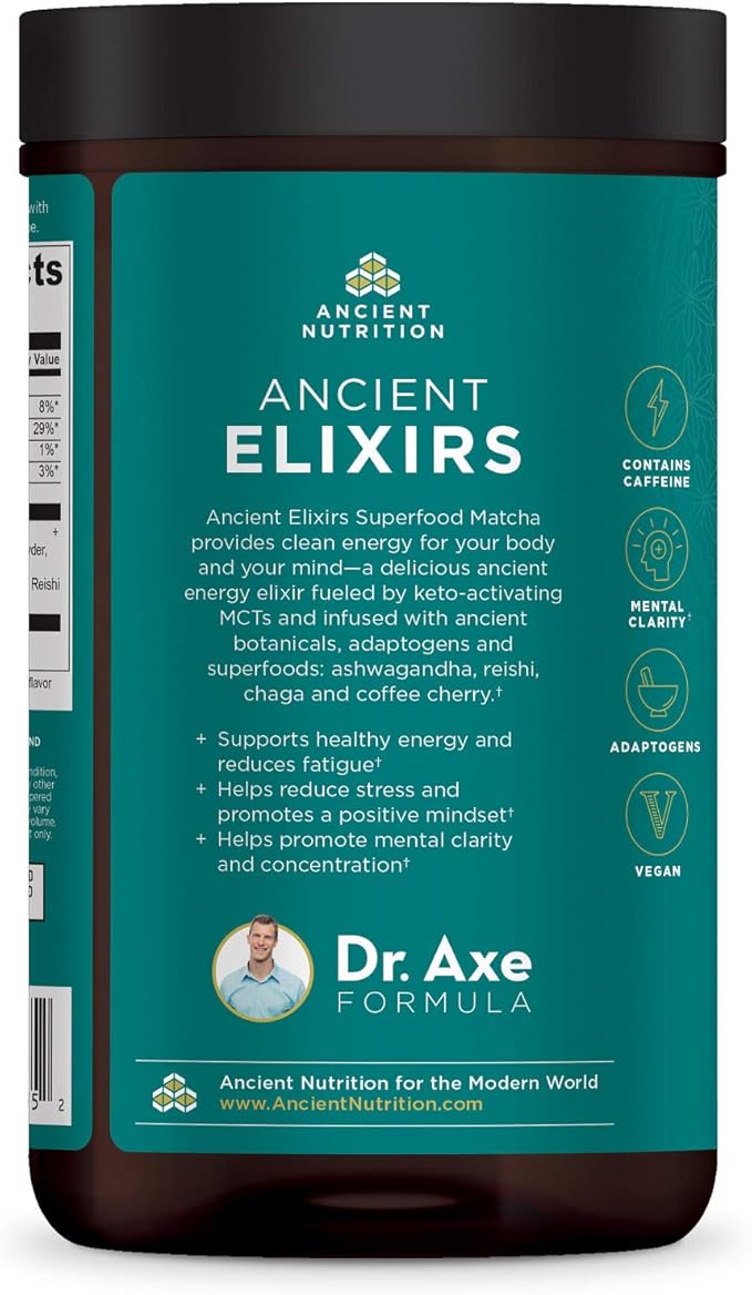 Matcha Green Tea Powder with Ashwagandha by Ancient Nutrition Ancient Elixirs Superfood Matcha Energy Powder with MCTs Promotes Healthy Energy Levels Paleo and Keto Friendly 20 Servings