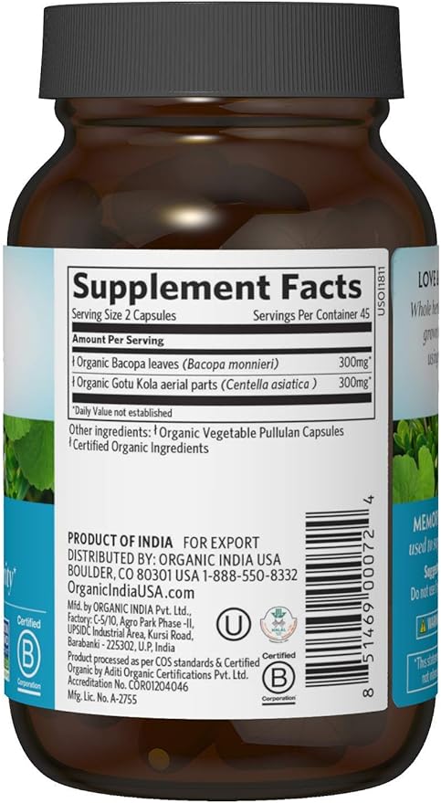 ORGANIC INDIA Memory Herbal Supplement - Supports Mental Clarity &amp Healthy Nervous System Immune Support Vegan Gluten-Free Kosher USDA Certified Organic Non-GMO - 90 Capsules