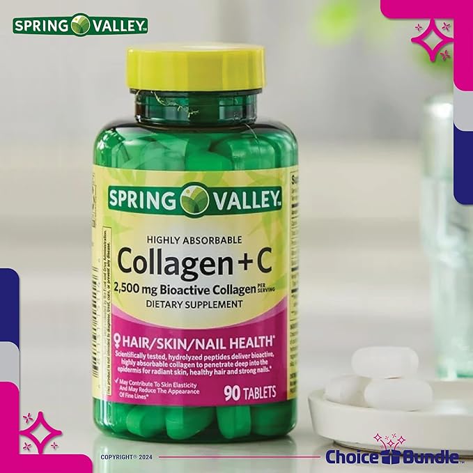 Spring Valley Highly Absorbable Collagen + Vitamin C Tablets Hair Skin Nail Health 2500 mg 90 Ct 3 pk (270 Total) + Vitamin Vitality &amp Pill Container (5 Items)!
