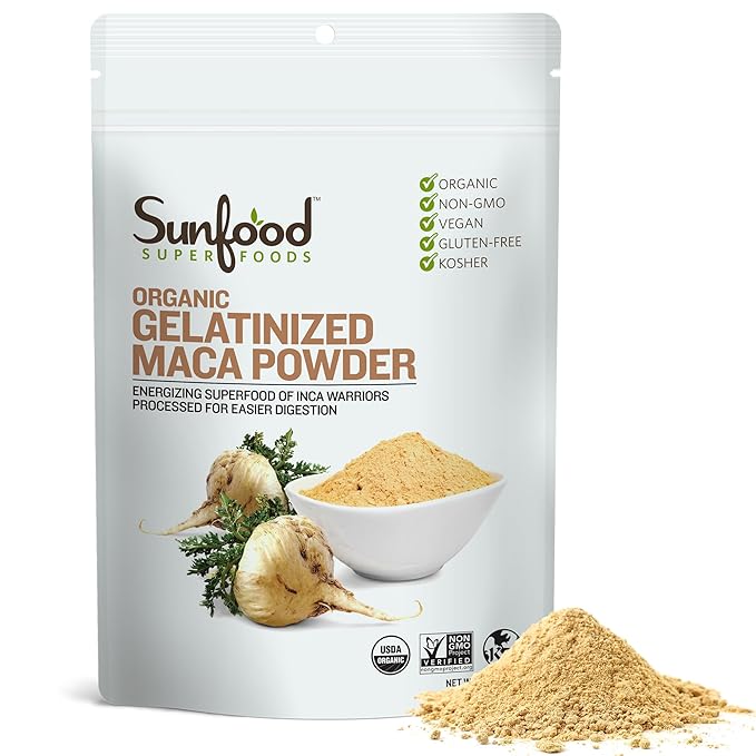 Sunfood Superfood Organic Gelatinized Maca Root Powder - Pure Raw Maca Powder for Women &amp Men Use in Coffee or Smoothie Certified USDA Organic Non-GMO Vegan Gluten Free Earth Kosher - 8 oz B