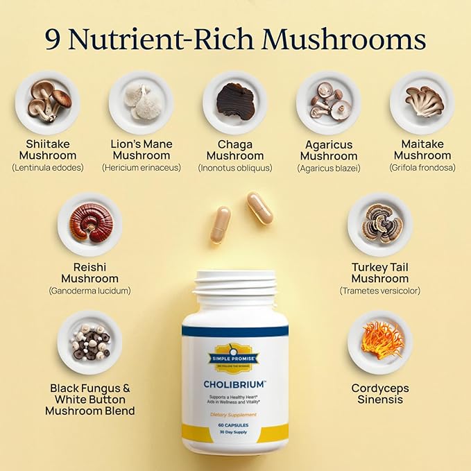Cholibrium 9-in-1 Mushroom Complex Capsules With Lion’s Mane &amp Reishi - Adaptogenic Mushrooms Supplement Blend For Daily Immunity Focus Sleep &amp Heart Health Support - 1330 mg - 60 Capsules