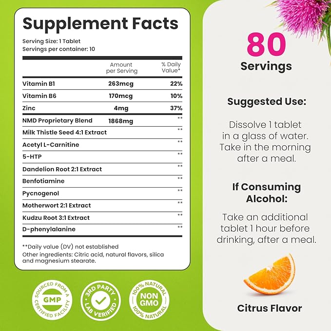 NoMoreDrinks Anti Alcohol Craving Supplement | Liver Detox &amp Combat Cravings | Energy Support Alcohol Replacement Drink | Organic Milk Thistle Supplement &amp Dandelion Root &amp 5HTP | (80) Ene