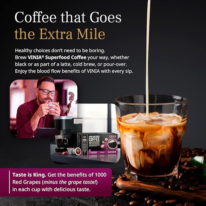 VINIA Medium Dark Roast Coffee with Red Grape Piceid Resveratrol Nitric Oxide for Heart Health Alertness Physical Energy &amp Blood Flow Circulation. 60ct K-Cup Pods