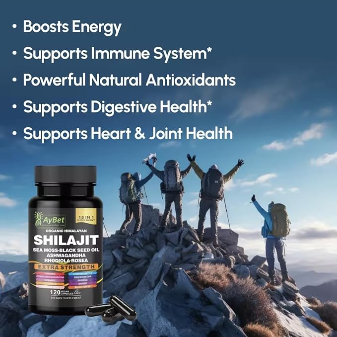 Shilajit for Men and Women-Organic Himalayan Shilajit Capsules with Sea Moss Black Seed Oil Ashwagandha Rhodiola Rosea Burdock Cordyceps Mushroom Ginseng Turmeric Ginger 120 Capsules