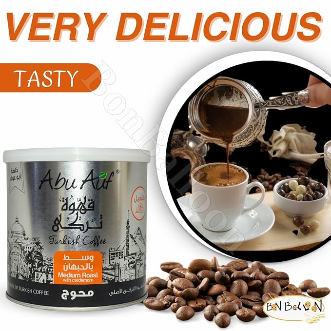 Abu Auf AbuAuf Oriental Original Turkish Coffee Cafe Arabic Arabian Arabica Ground Roasted Mud Coffee Medium Roast Blend ( Medium Roast with Cardamom 7.05 oz / 200 gm ) بن ابو عوف وسط محوج