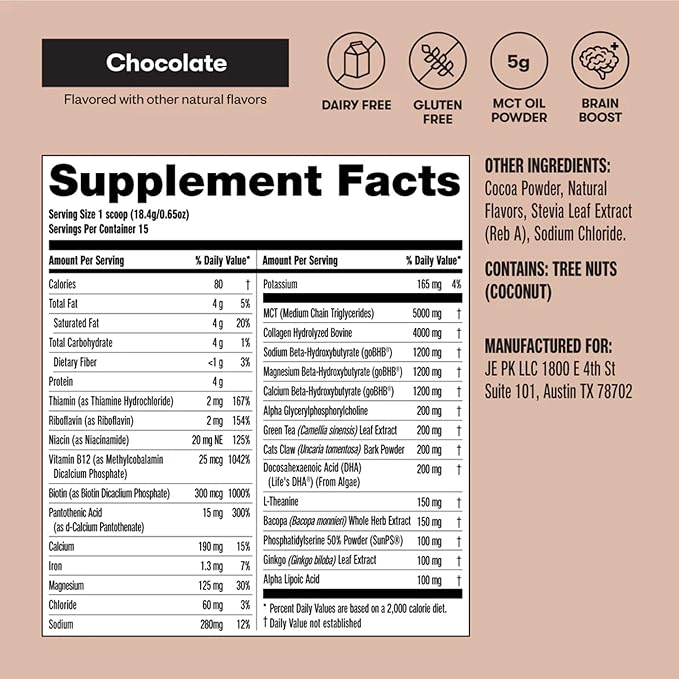 Perfect Keto Nootropic Brain Support Caffeine Free Focus and Energy Supplement with Alpha Lipoic Acid L Theanine Ginkgo Biloba Alpha GPC MCT's Collagen Ketones Chocolate Drink Mix 15 Servings