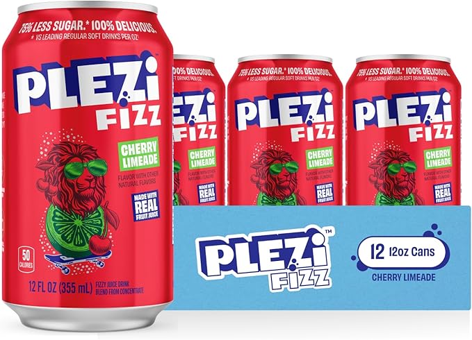 PLEZi FiZZ Orange Mango &amp Cherry Limeade Sparkling Juice Bundle – No Added Sugar Low Sugar Soda Alternative with Real Fruit Juice &amp Fiber – 12 Fl Oz (24 Cans Total)