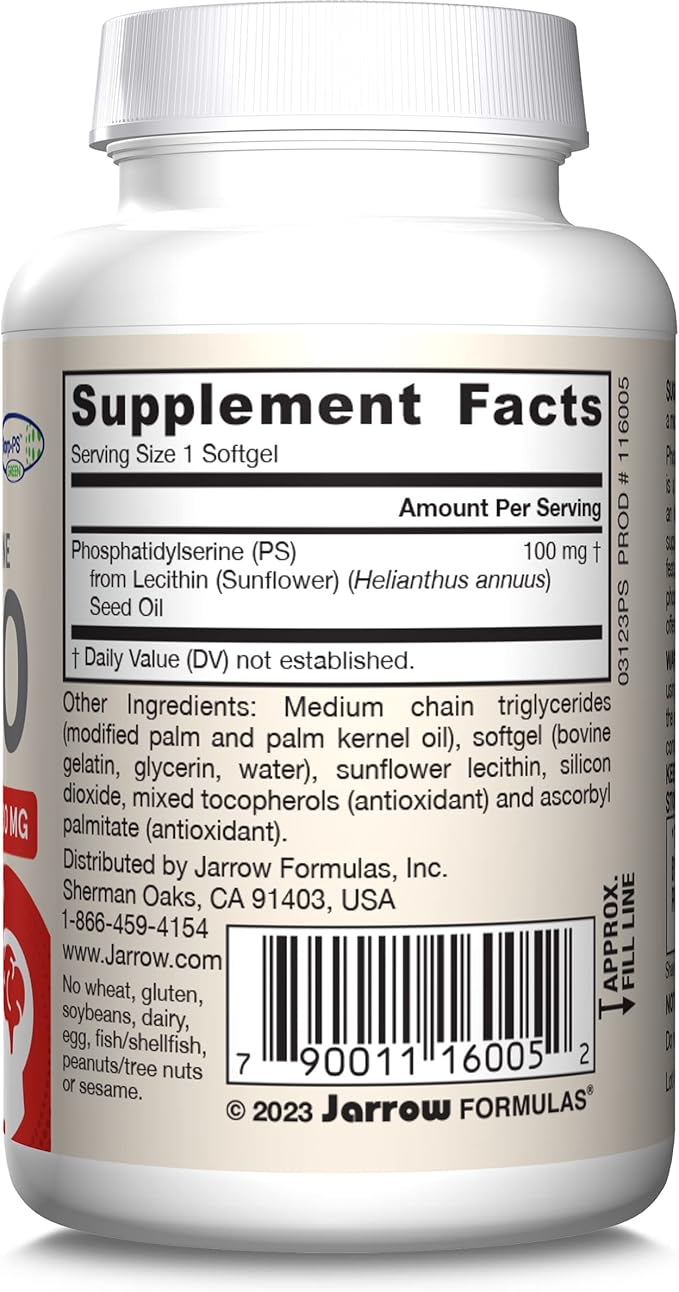 Jarrow Formulas PS100 Phosphatidylserine 100mg Dietary Supplement for Brain Health and Cognitive Function Support 30 Softgels Up to a 10-30 Day Supply