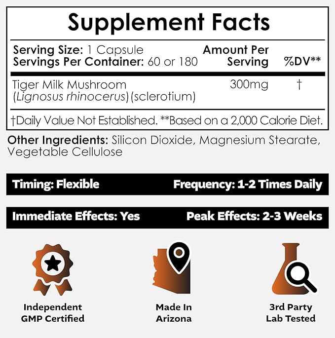 Nootropics Depot Tiger Milk Mushroom Capsules | 300mg | 180 Count | Lignosus rhinocerus Sclerotium | Cognition Histamine &amp Respiratory Support