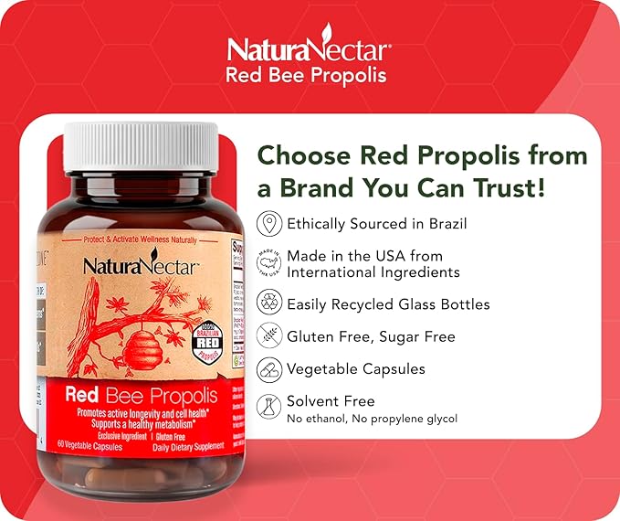 NaturaNectar - Red Bee Propolis Capsules - NSF Contents Certified Premium Brazilian Propolis - Gluten-Free Supplements with More Diverse Flavonoids &amp PWE - Sourced Through Ethical Beekeeping (60pc
