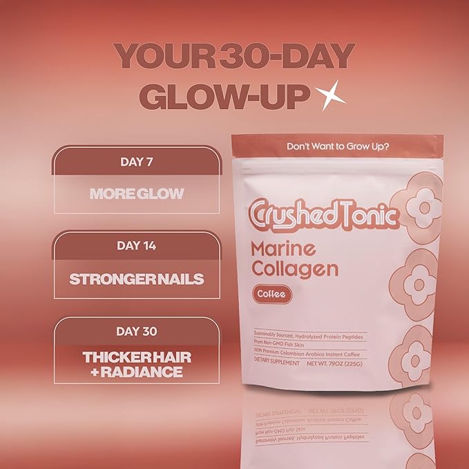Crushed Tonic Korean Beauty Collagen Coffee | Hydrolyzed Marine Collagen Peptides + Arabica Coffee | K-Beauty Drink | Gluten-Free Halal &amp Kosher (Coffee 15 Servings Sticks)