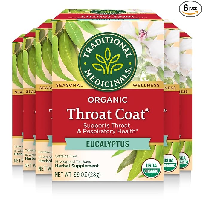 Traditional Medicinals Tea Organic Throat Coat Eucalyptus Throat and Respiratory Support 96 Tea Bags (6 Pack)