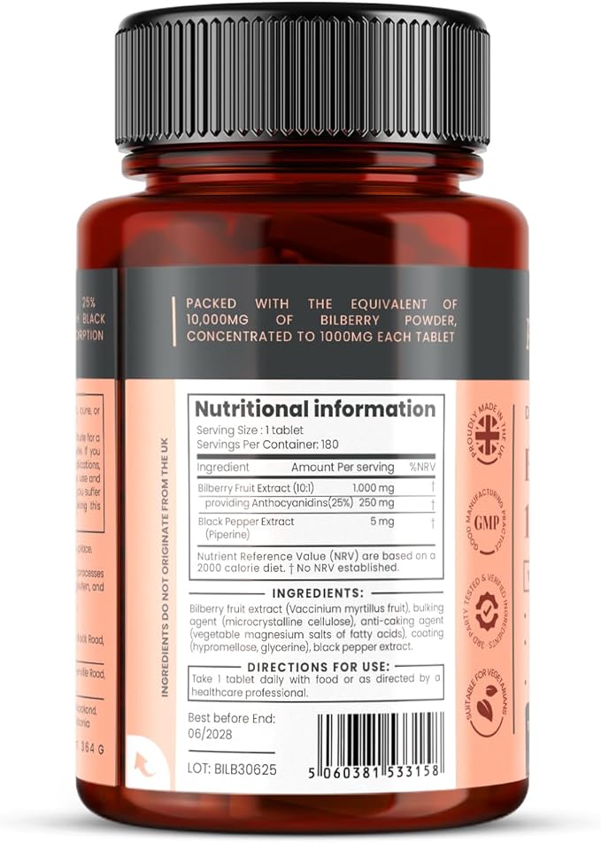 Bilberry Extract 10000mg x 180 Tablets (6 Months Supply)- 10X More anthocyanidin Plus 5mg Black Pepper per Tablet