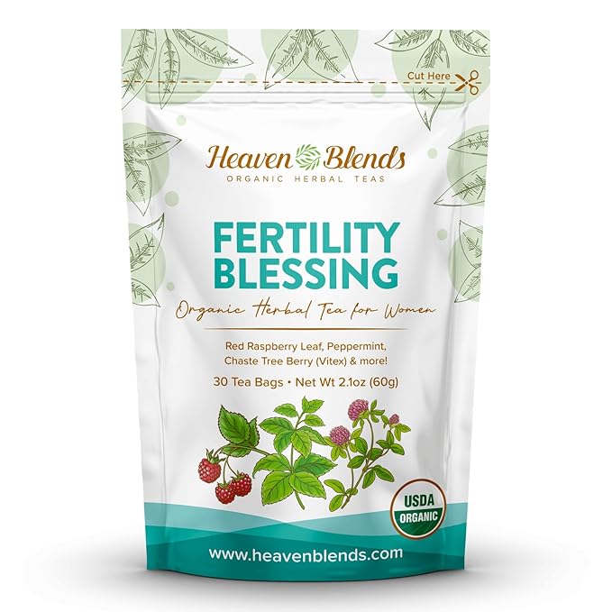 Heaven Blends Fertility Blessing Tea for Women – Red Raspberry Leaf Peppermint Chaste Tree Berry (Vitex) Red Clover Nettle &amp Licorice – USDA Organic Caffeine-Free Sugar-Free 30 Sachets