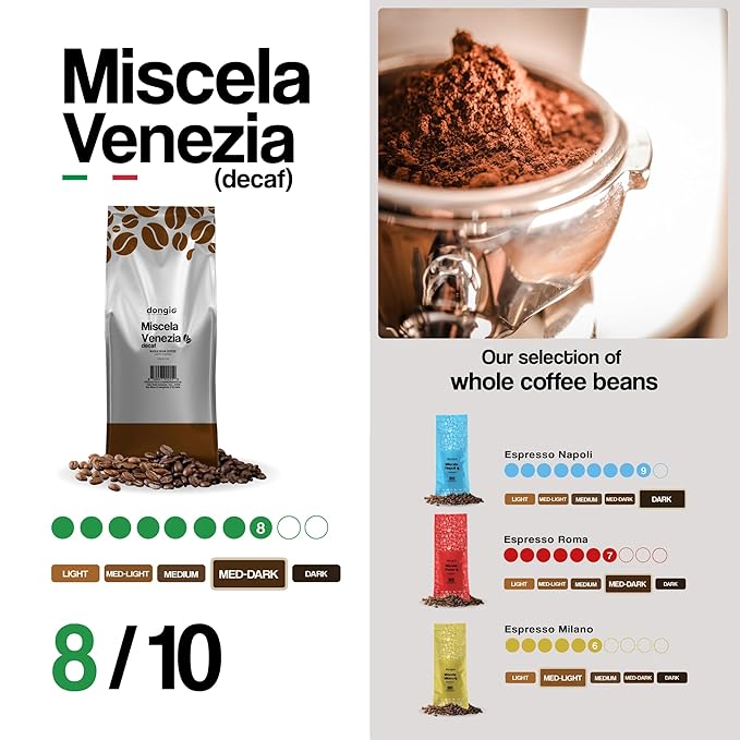 Dongiò Caffè Venezia Blend (Decaf) – Whole Bean Coffee 2.2 lbs (352 Oz) Medium-Dark Roast CO₂ Naturally Decaffeinated Italian Espresso Blend with Notes of Cocoa and Spices