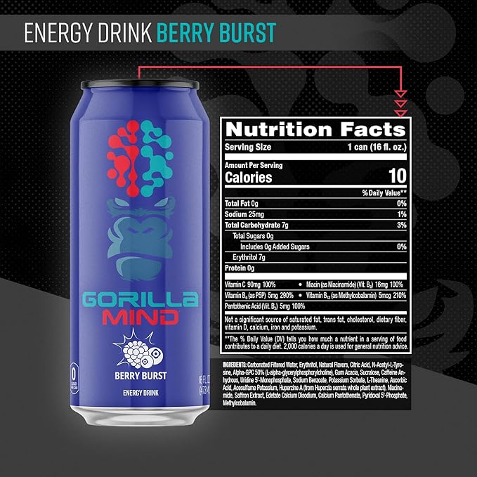 Gorilla Mind Energy Drink | Unmatched Energy · Amplified Focus | N-Acetyl-L-Tyrosine Alpha-GPC 200mg Caffeine Uridine Saffron | 0 Sugar Or Artificial Colors | 16oz 12-Pack (Berry Burst)