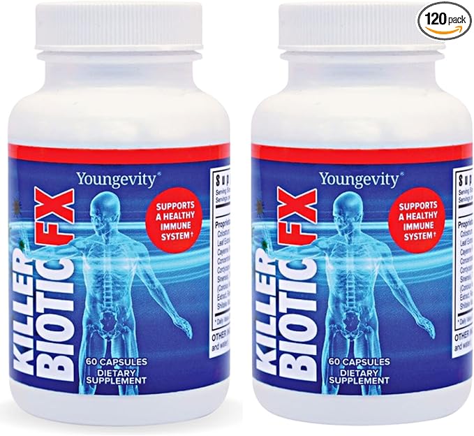 Youngevity Killer Biotic FX - Immune System Support | Sourced from Bee Propolis Mushrooms &amp Colostrum | Natural Immunity Support | 120 Capsules (2 Pack)