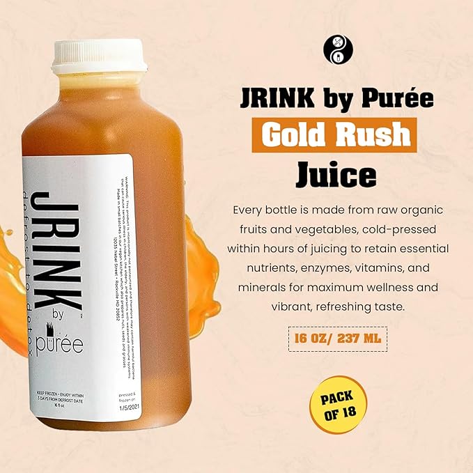 JRINK by Purée Gold Rush Cold Pressed Juice Cleanse with Organic Lemon Ginger Detox Drink from Raw Fruit and Vegetable Juice No Preservatives Healthy Cleanse 16oz Bottles 18 Pack